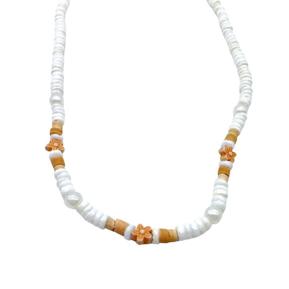 Retro Seashell Heishi Choker with Sweet Floral and Pearl Accent Beads, Vintage - Picture 3 of 3